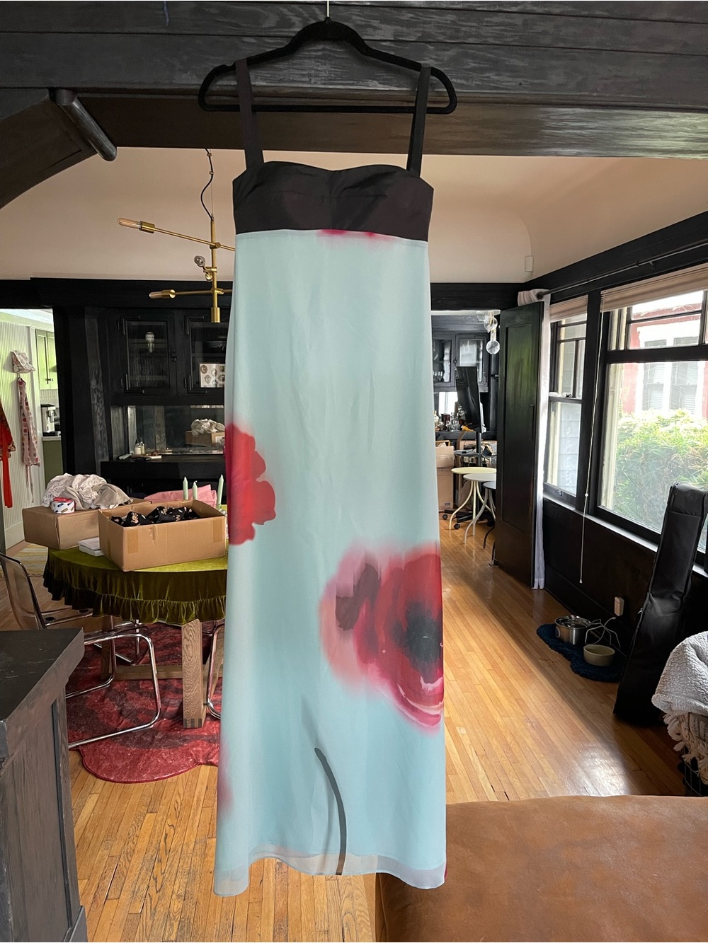 Redondo brand camelia Maxi Dress in Light Blue with Red Floral Print